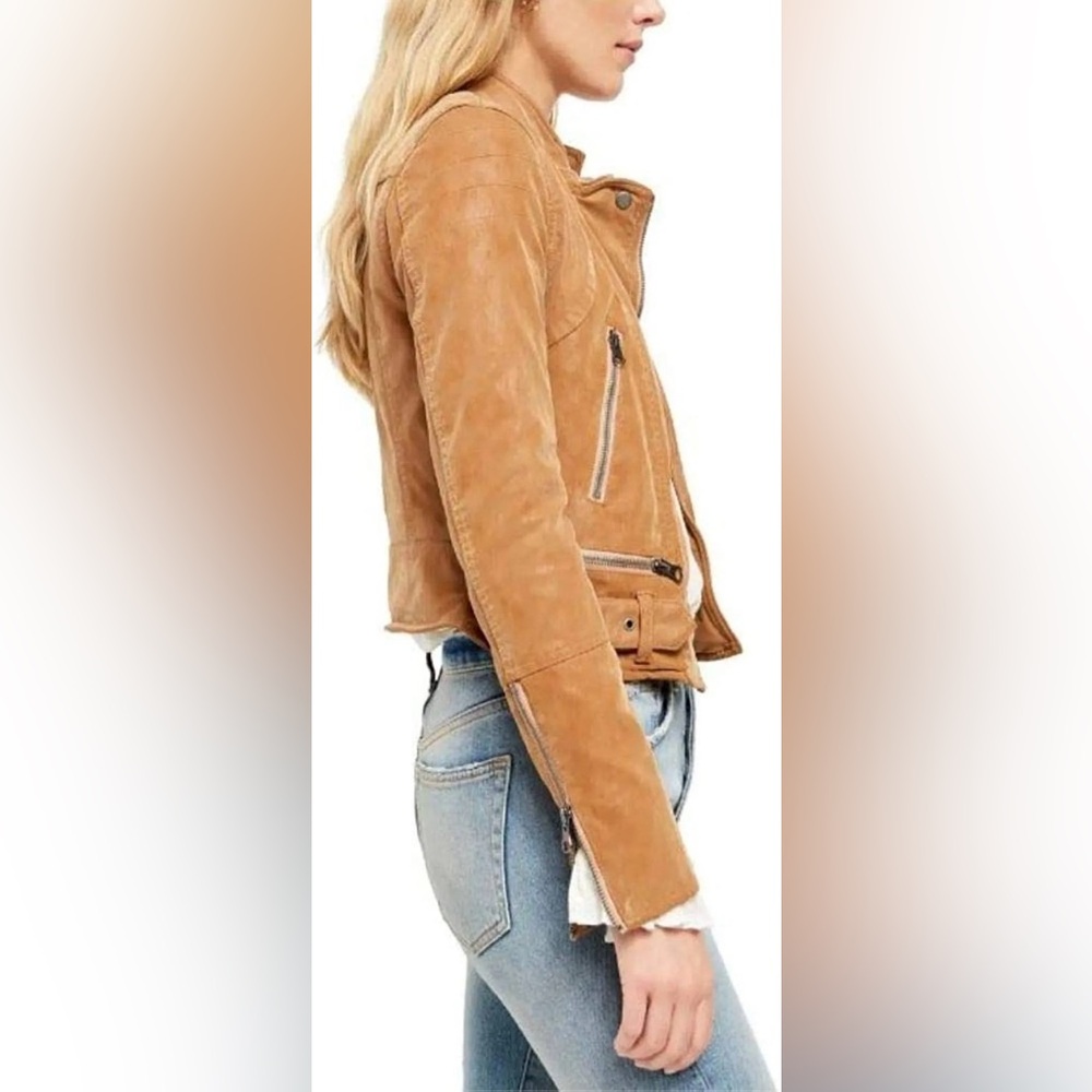 Free People fenix faux Leather Motorcycle Jacket tan brown women’s size large - Picture 11 of 11